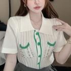 Short-sleeve Rhinestone Pointelle Polo Knit Top