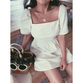 Short-sleeve Shirred Square-neck A-line Mini Dress