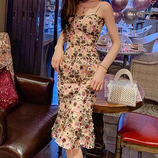 Spaghetti Strap Floral Embroidered Midi Mermaid Dress