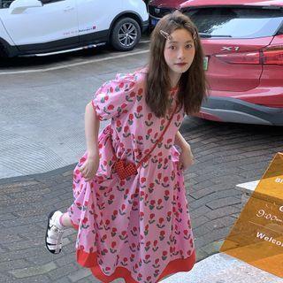 Puff-sleeve Floral Print Dress Pink - One Size