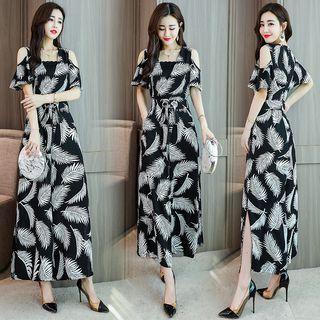 Leaf Print Wide-leg Jumpsuit