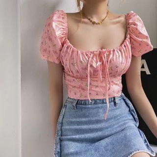 Short-sleeve Floral Print Square-neck Lace-up Top Pink - One Size