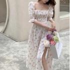 Puff-sleeve Floral Print Midi A-line Dress Light Orange Floral - White - One Size