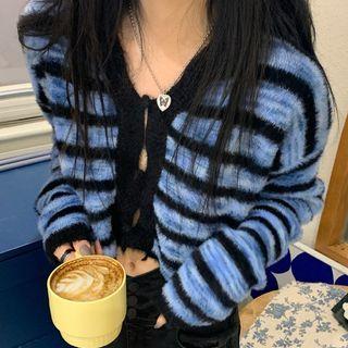 Striped Cropped Mohair Cardigan Stripes - Blue & Black - One Size