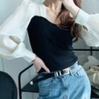 Balloon-sleeve Square-neck Blouse Black - One Size