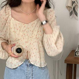 Long-sleeve Floral Print Blouse Pink & Almond - One Size