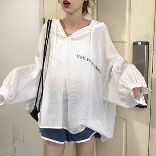 Long-sleeve Placket Letter Top Top - White - One Size