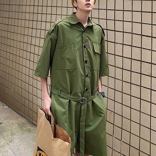 Elbow-sleeve Buttoned Cargo Playsuit