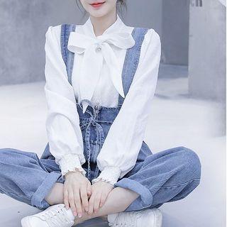 Tie-neck Blouse / Denim Dungaree