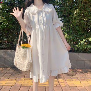 Short-sleeve Ruffled Midi A-line Dress White - One Size
