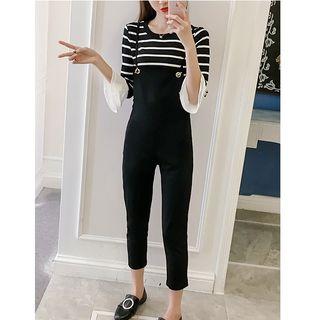 Set: Striped 3/4 Sleeve T-shirt + Cropped Pinafore Jumpsuit