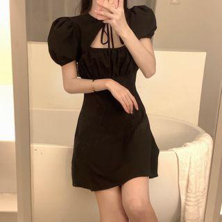 Keyhole Bow-neck Short-sleeve Mini Dress