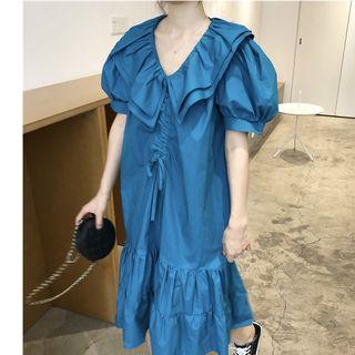 Puff-sleeve Wide Collar Midi Dress