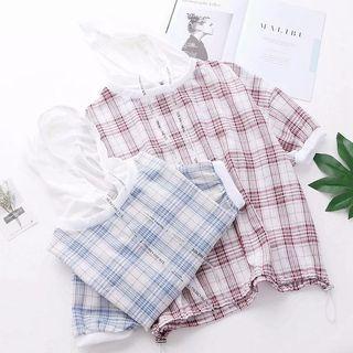 Elbow-sleeve Plaid Hoodie