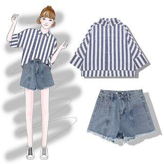 Elbow-sleeve Striped Shirt / Frayed Hem Denim Shorts