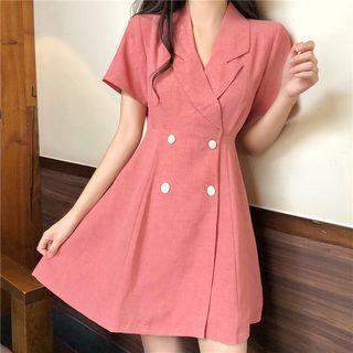 Short-sleeve Collared Double-breasted A-line Dress