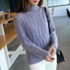 Mock-neck Furry Cable-knit Sweater