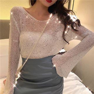 Lace Up Sequined Long-sleeve Knit Top
