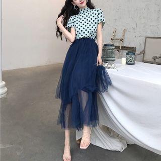 Open-back Stand-collar Dotted Top / Mesh Midi Skirt