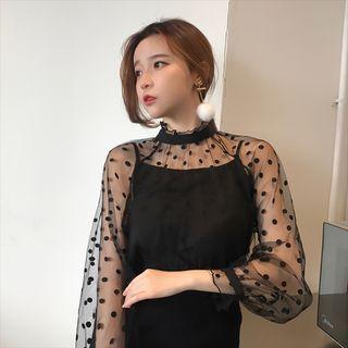 Set: Long-sleeve Dotted See Through Top + Camisole