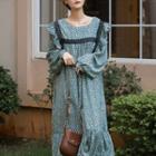 Set: Long-sleeve Floral Print Midi A-line Dress + Belt