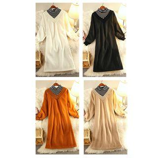 Striped Panel Long-sleeve Knit Dress