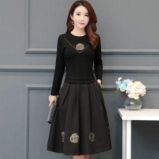 Rose Embroidered Mock Two-piece A-line Dress