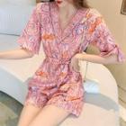 Elbow-sleeve Floral Print Wide Leg Romper