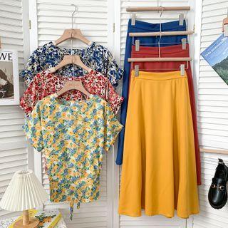 Set: Tie-back Floral Top + High-waist Midi Skirt In 8 Colors