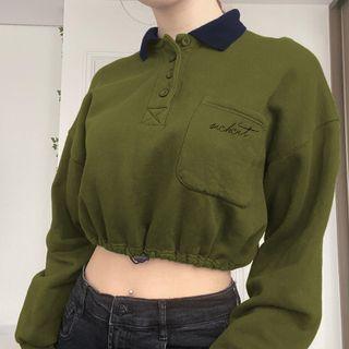 Plain Drawstring Polo Neck Cropped Sweatshirt
