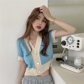 Short-sleeve Two Tone Cropped Cardigan