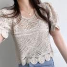 Crochet Knit Puff Sleeve Lace Blouse Almond - One Size