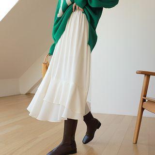 Ruffle-hem Long Flare Skirt
