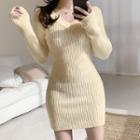 V-neck Ribbed Long Sleeve Bodycon Dress