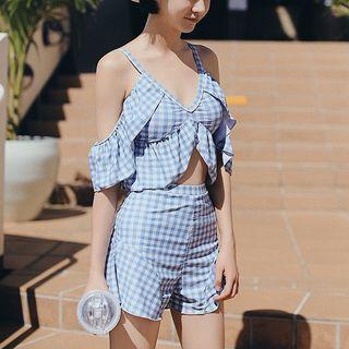 Set: Checker Frill Trim Swim Top + Swim Bottom + Swimshorts