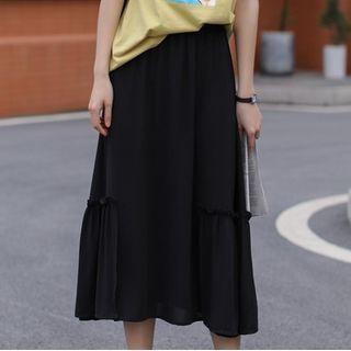 Ruffle Trim Elastic-waist Midi Skirt Black - One Size