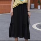 Ruffle Trim Elastic-waist Midi Skirt Black - One Size
