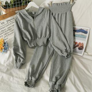 Set: Smocked-waist Hooded Crop Jacket + Paperbag High-waist Smocked Jogger Pants