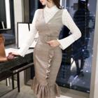 Mock Two-piece Long-sleeve Wrapped Pencil Midi Dress