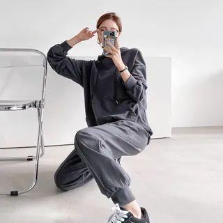 Set: Drop-shoulder Hoodie + Seam-front Jogger Pants