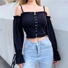 Ruffle Trim Cold-shoulder Long-sleeve Buckle Cropped Top