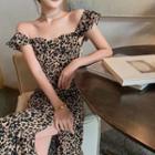Ruffle Trim Leopard Print Midi A-line Dress