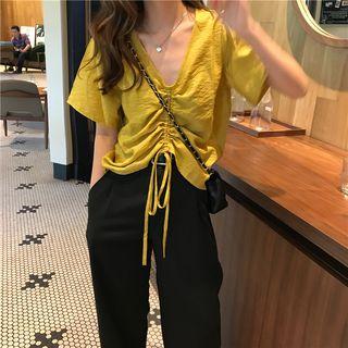 Plain V-neck Short-sleeve Cropped Top