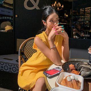 Frayed-edge Sleeveless Mini Linen Dress