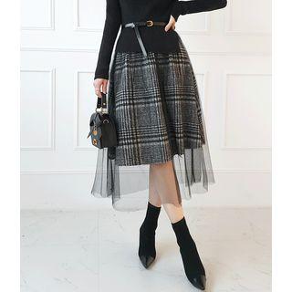 Set: Mockneck Knit Top + Belt + Glen-plaid Tulle Skirt