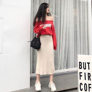 Lettering Off-shoulder Sweatshirt / Midi Skirt