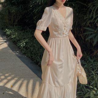 Short-sleeve V-neck Lace Trim Dress