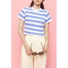 Cropped Stripe Ribbed T-shirt Blue - One Size