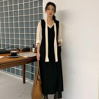 Long-sleeve Plain Lace-up Shirt / Plain Sleeveless Dress