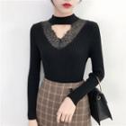 Lace Panel Open Front Mock-neck Knit Top